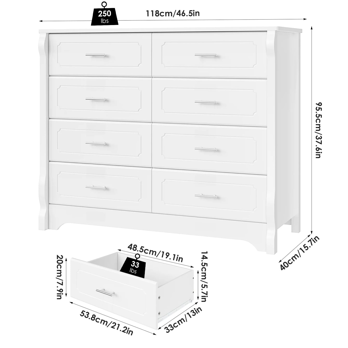 8 Drawer Double Dresser, White Horizontal Dresser Chest for Bedroom
