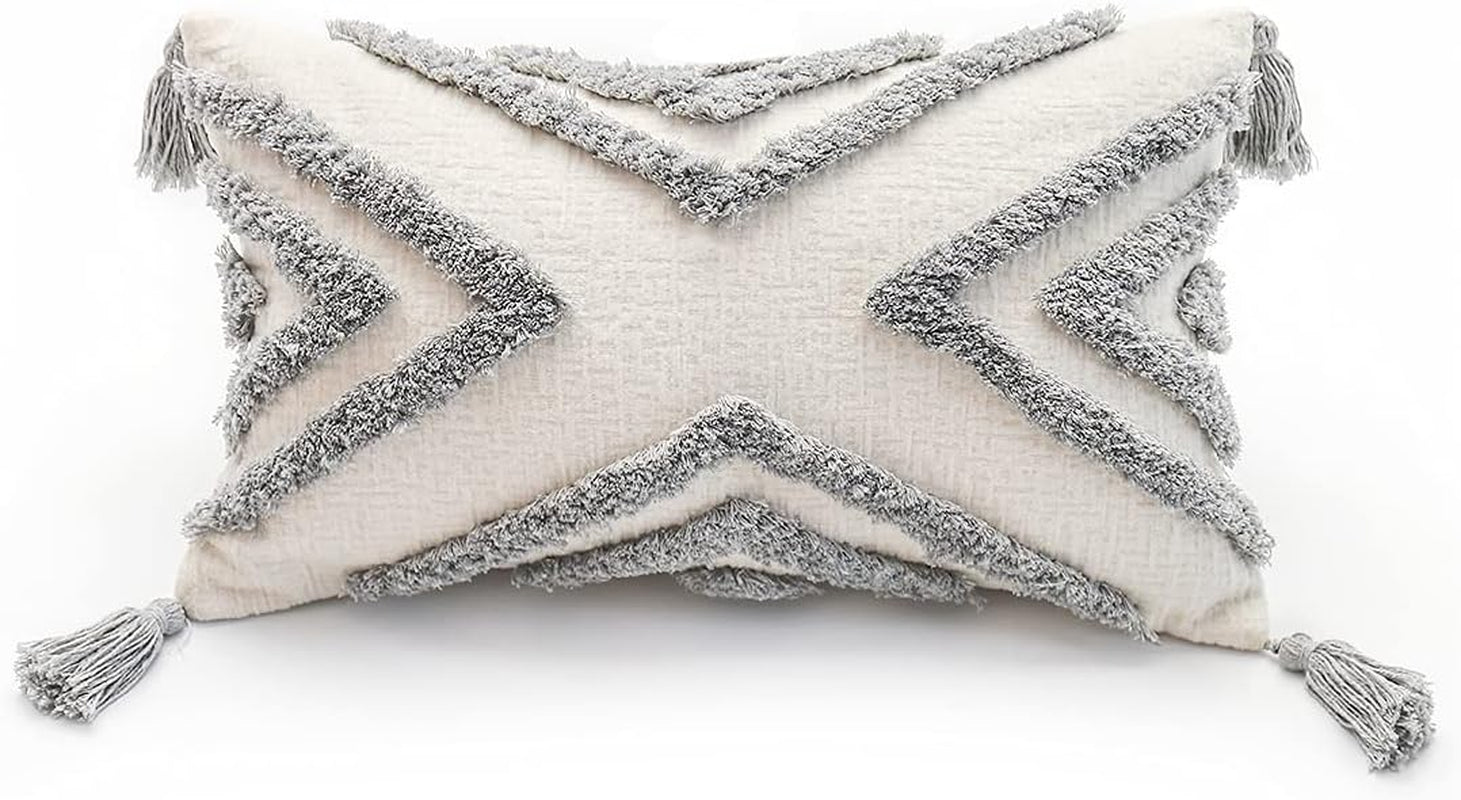 Boho Grey Lumbar Throw Pillow Cover 12X20 Inch with Tassels, Gray Geometric Tufted Cream Chenille Fabric Small Accent Textured Cushion Case for Bed Couch, 1 PC Cover Only No Insert