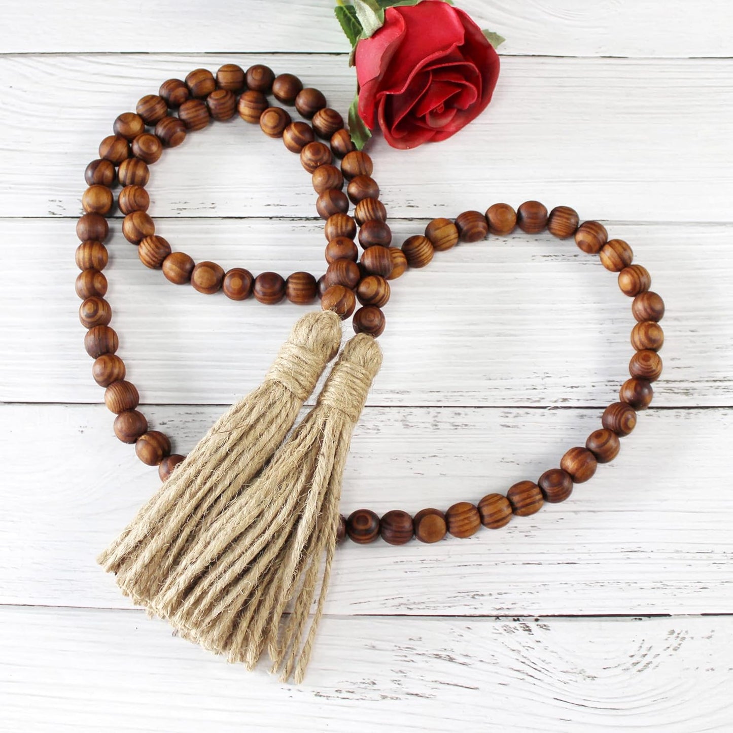 Wood Grain Beads Garland with Tassels | Dark Tan Farmhouse Rustic Prayer Bead Wall Hanging, Home & Festival Décor