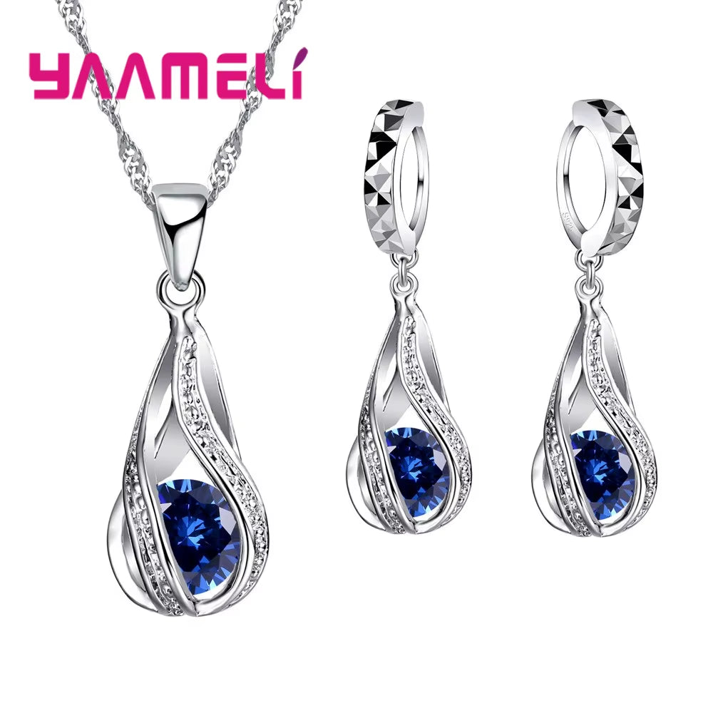 Hot Water Drop CZ 925 Sterling Silver Plated Jewelry Set for Women Pendant Necklace Hoop Earrings Wedding Party Ceremoey Anel