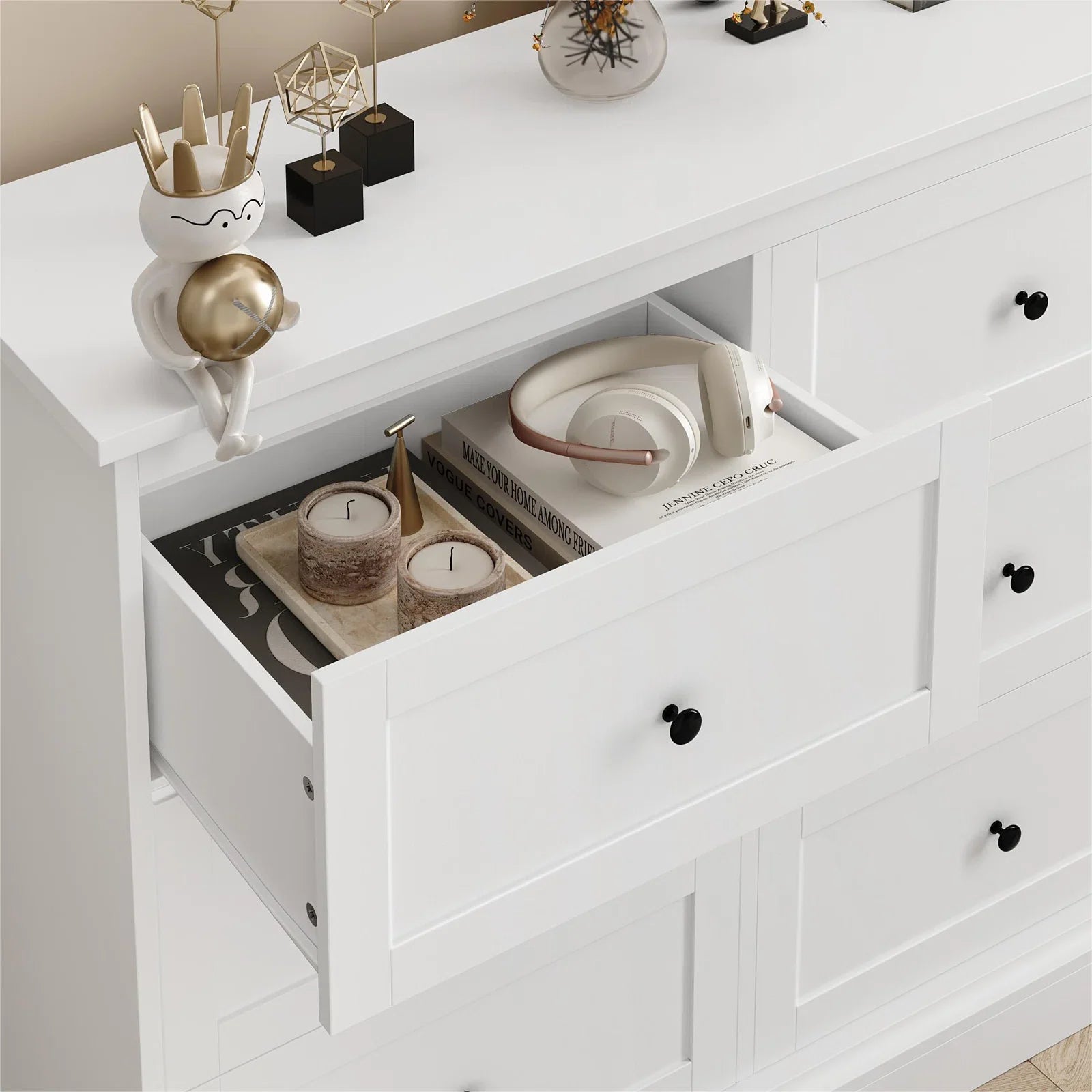 White 6-Drawer Double Dresser | 42.5" Wide Wooden Bedroom Chest of Drawers