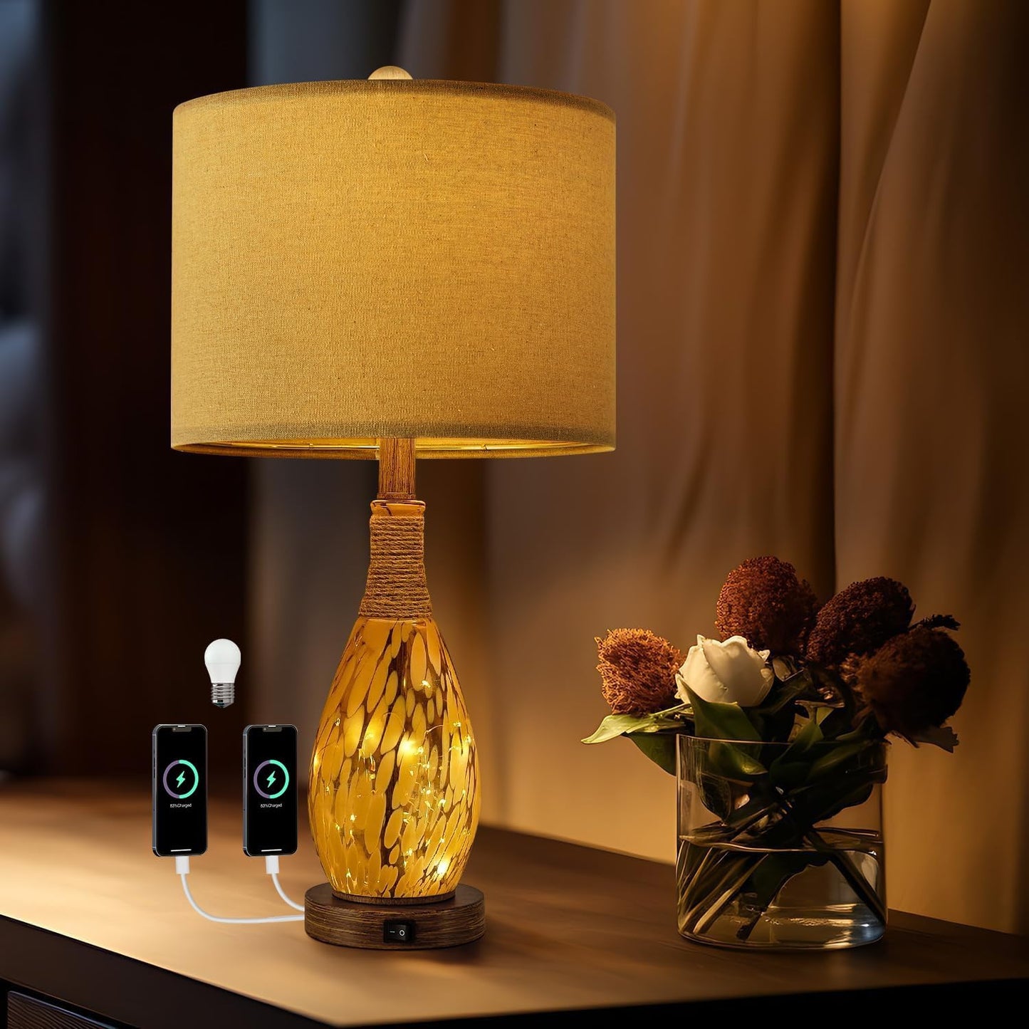 23" USB A+C Table Lamp Set of 2 | Modern Retro Farmhouse Rattan & Glass Bedside Lamps