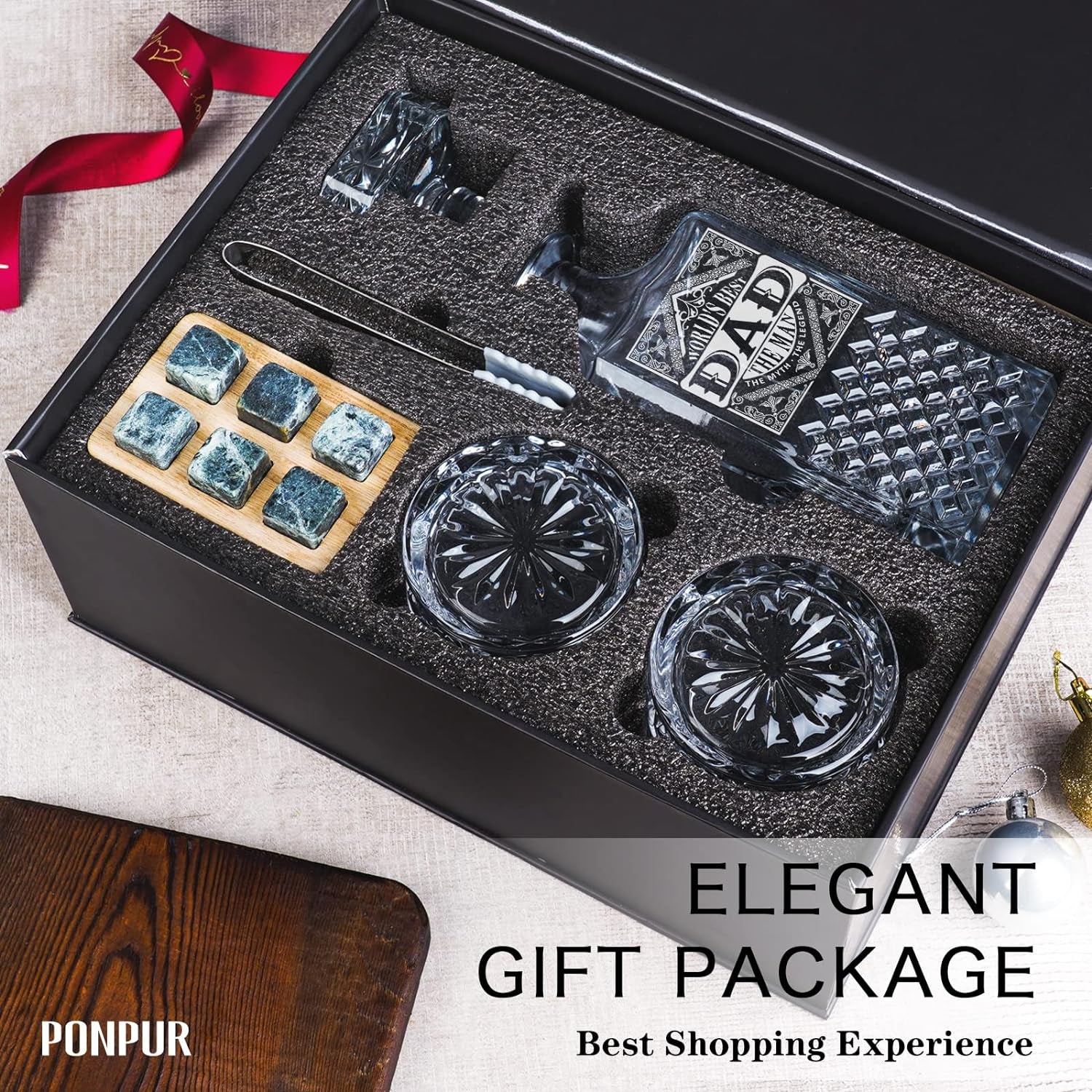 Gifts for Men Dad Stocking Stuffers, Whiskey Decanter Set with 2 Glasses, Unique Cool Dad Birthday Gift from Daughter Son, Best Christmas Retirement Present for Man Father