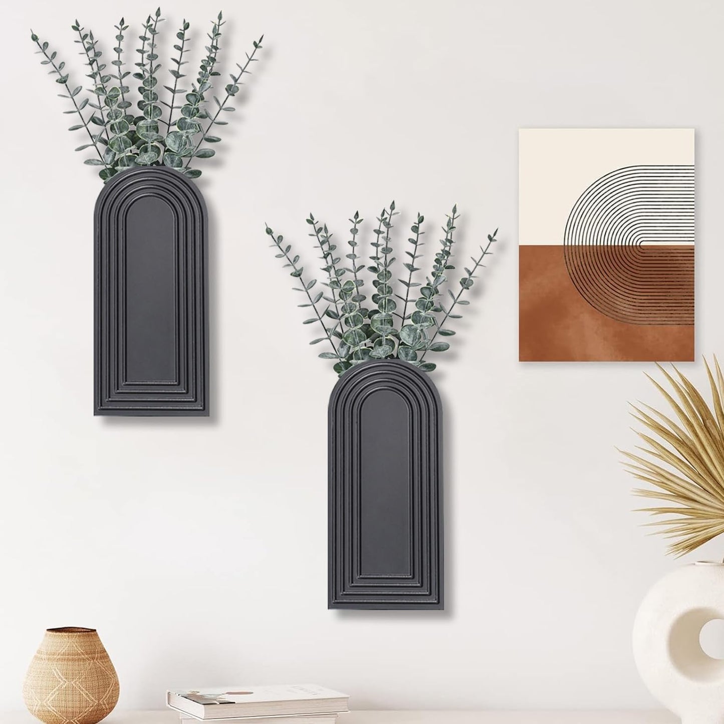2-Pack Wooden Wall Vase Set | Black Modern Farmhouse & Boho Wall Decor for Entryway, Hallway & Living Spaces