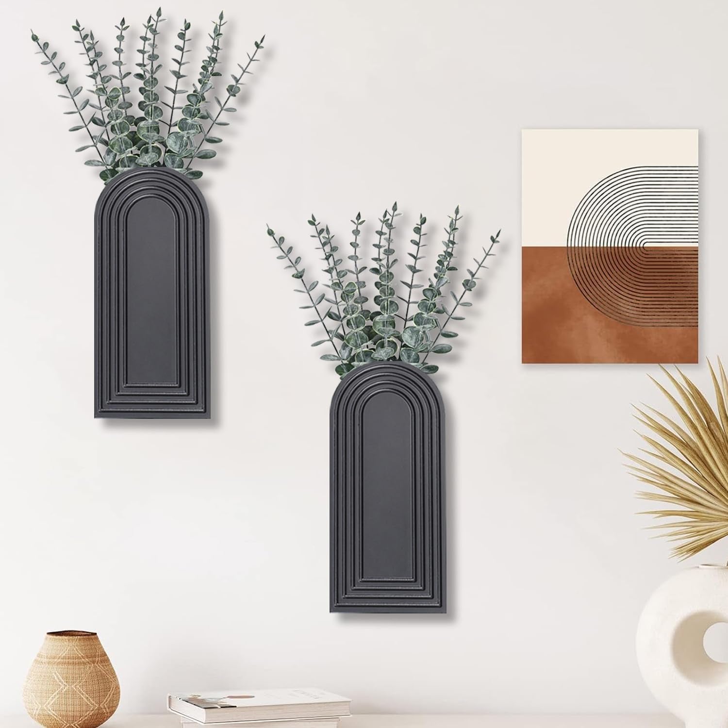 2-Pack Wooden Wall Vase Set | Black Modern Farmhouse & Boho Wall Decor for Entryway, Hallway & Living Spaces