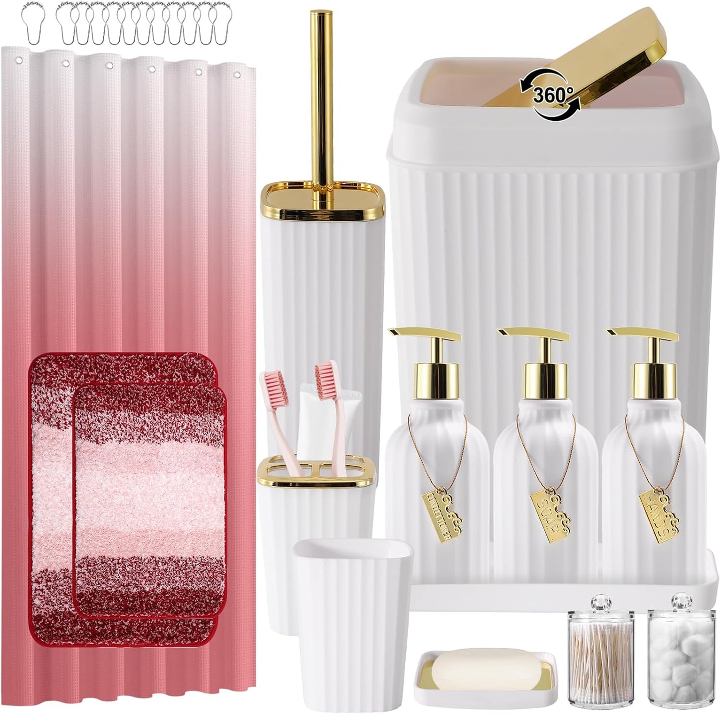 17-Piece Bathroom Accessory Set – Toilet Brush, Trash Can, Qtip Holder & 3 Soap Dispensers