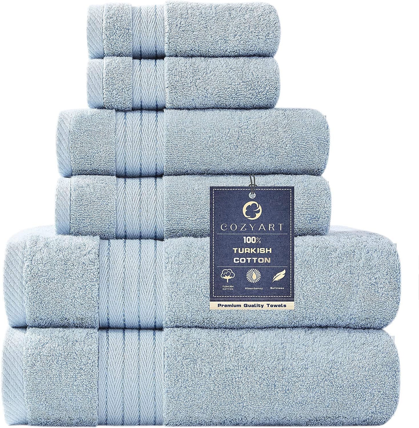 Light Blue 6-Piece Turkish Cotton Towel Set | 650 GSM Luxury Soft, Absorbent & Durable Bathroom Towels