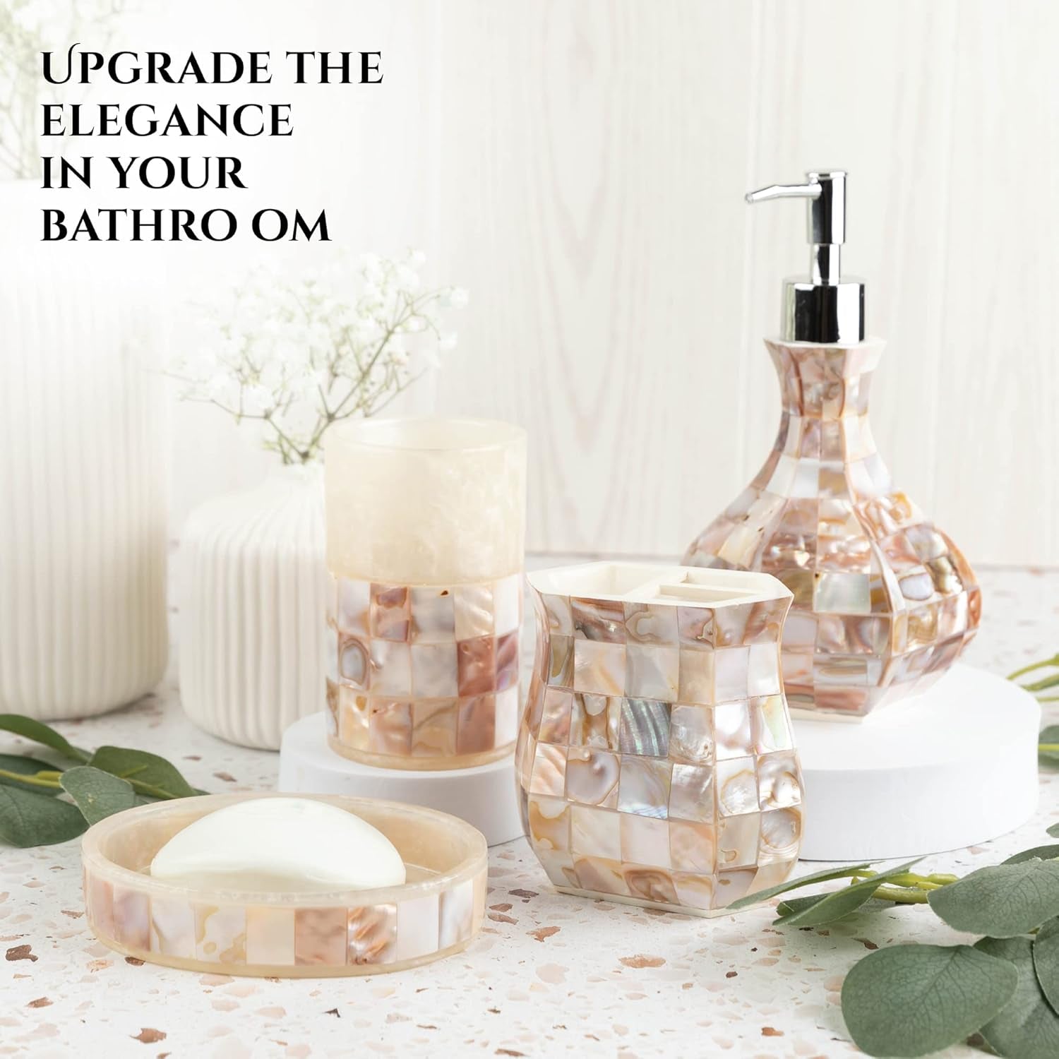 Milano 4-Piece Bathroom Accessory Set | Mother of Pearl Soap Dispenser, Toothbrush Holder, Tumbler & Soap Dish