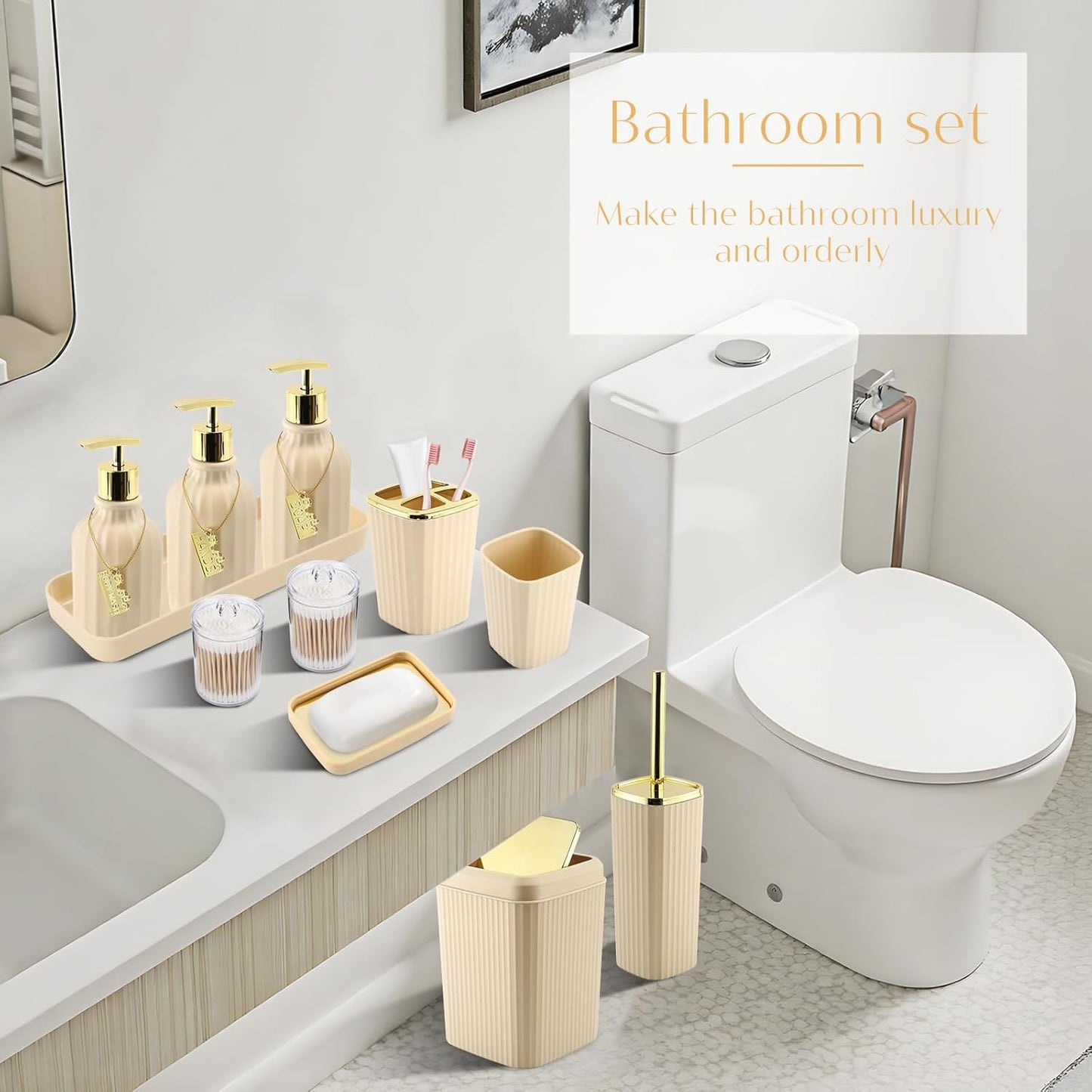 17-Piece Bathroom Accessory Set – Toilet Brush, Trash Can, Qtip Holder & 3 Soap Dispensers