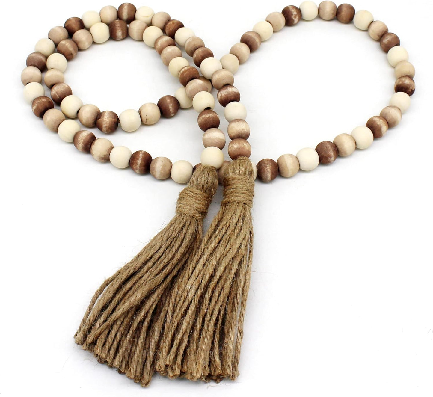 Wood Grain Beads Garland with Tassels | Dark Tan Farmhouse Rustic Prayer Bead Wall Hanging, Home & Festival Décor