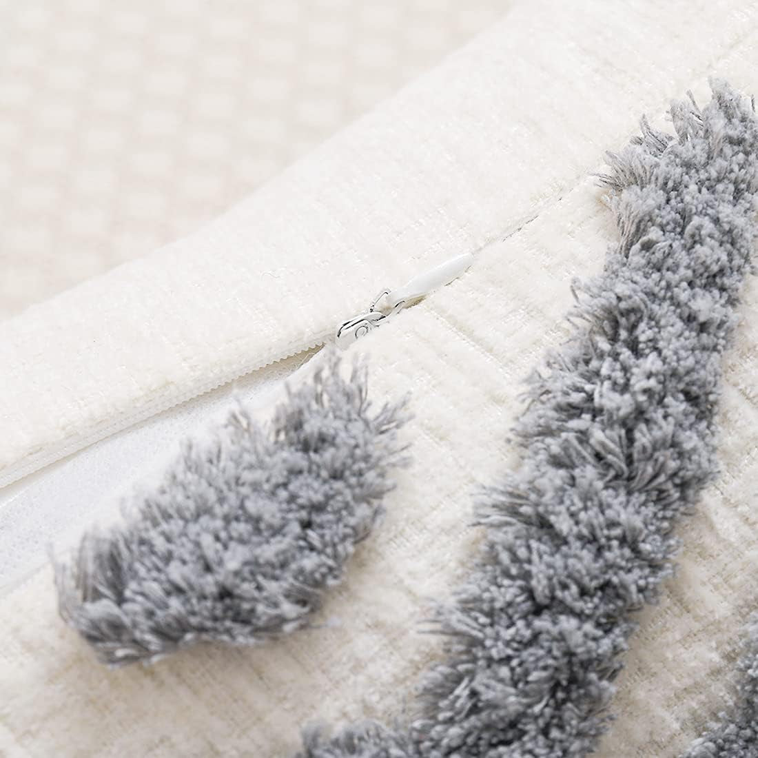 Boho Grey Lumbar Throw Pillow Cover 12X20 Inch with Tassels, Gray Geometric Tufted Cream Chenille Fabric Small Accent Textured Cushion Case for Bed Couch, 1 PC Cover Only No Insert