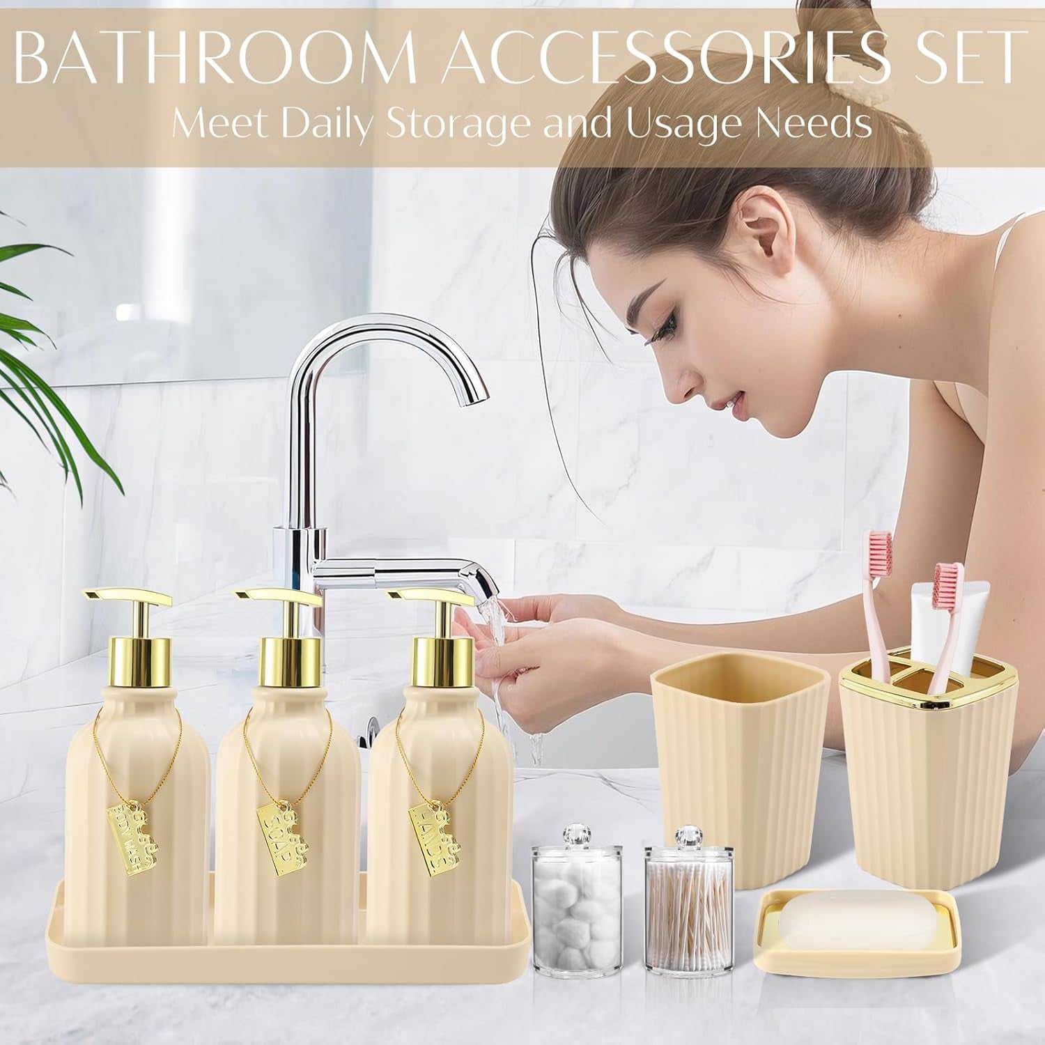 17-Piece Bathroom Accessory Set – Toilet Brush, Trash Can, Qtip Holder & 3 Soap Dispensers