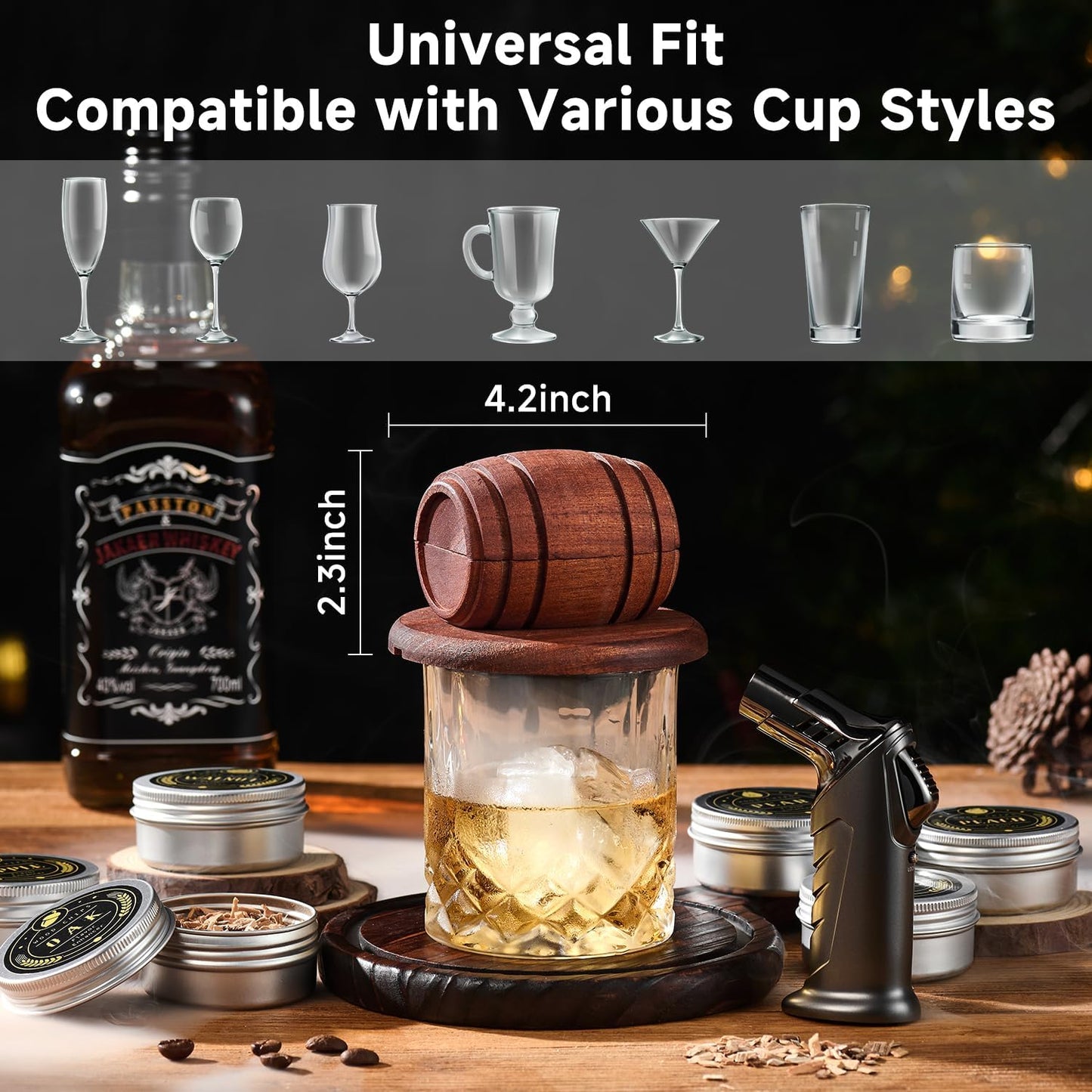 Whiskey Smoker Kit with Torch | Cocktail Smoker Infuser Set with 6 Wood Chip Flavors, Glasses & Ice Molds, Gift for Men & Dad