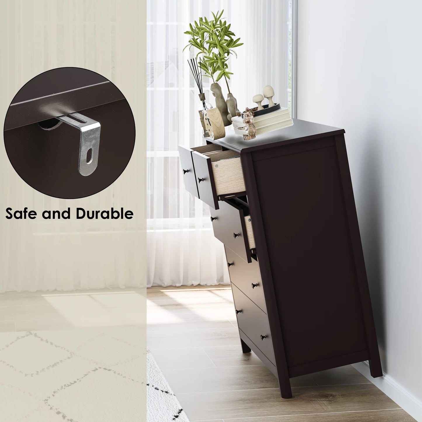 Brown 5-Drawer Dresser Chest | Bedroom & Living Room Storage Cabinet with Easy Pull Handles