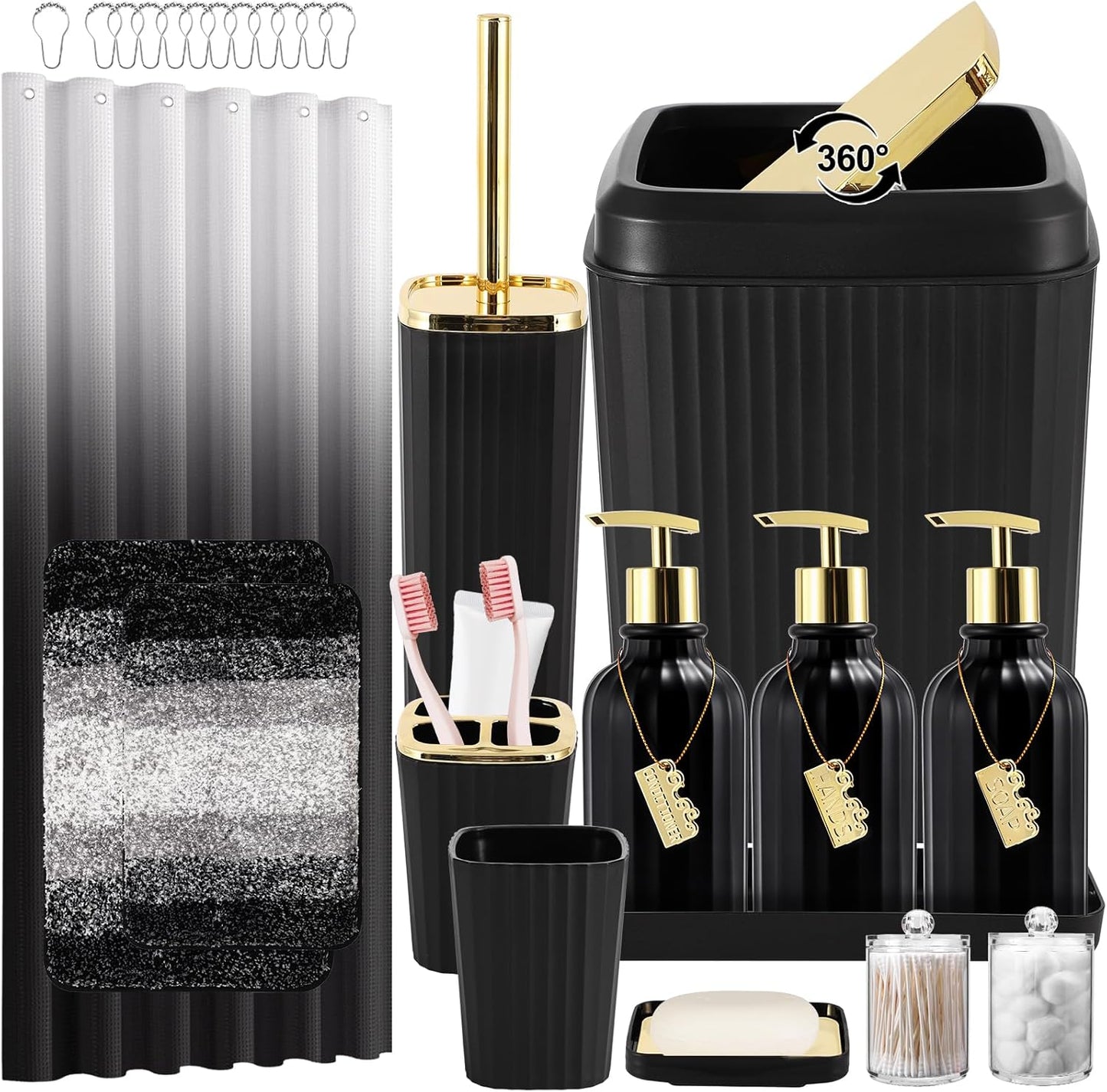 17-Piece Bathroom Accessory Set – Toilet Brush, Trash Can, Qtip Holder & 3 Soap Dispensers