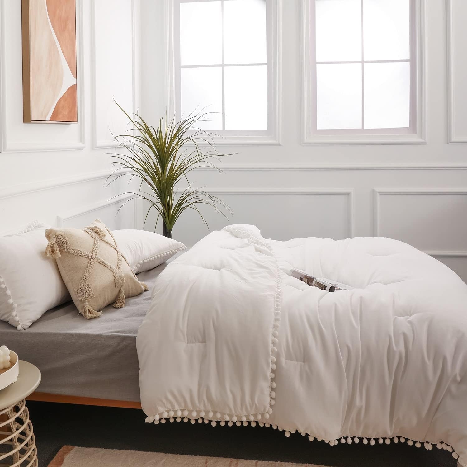 Queen 3-Piece Comforter Set | Soft All-Season Bedding with Ball Pom Fringe, Includes Comforter & 2 Pillow Shams