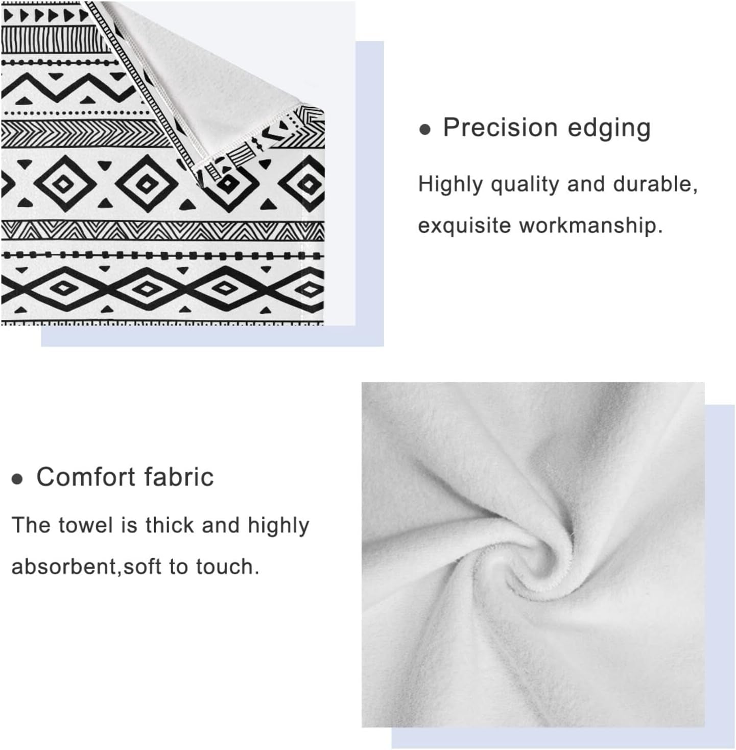 3-Piece Aztec Boho Bath Towel Set | Soft, Highly Absorbent Black & White Tribal Towels for Bathroom, Spa & Hotel