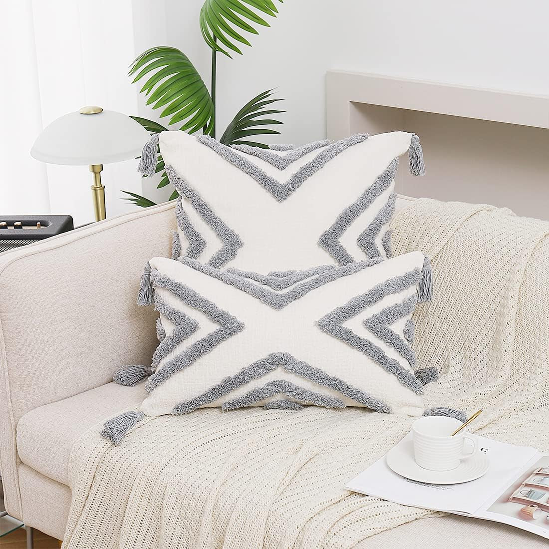 Boho Grey Lumbar Throw Pillow Cover 12X20 Inch with Tassels, Gray Geometric Tufted Cream Chenille Fabric Small Accent Textured Cushion Case for Bed Couch, 1 PC Cover Only No Insert