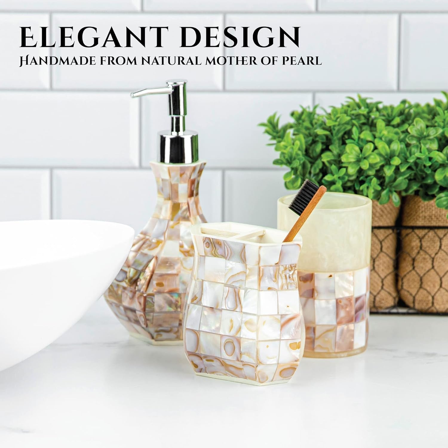 Milano 4-Piece Bathroom Accessory Set | Mother of Pearl Soap Dispenser, Toothbrush Holder, Tumbler & Soap Dish
