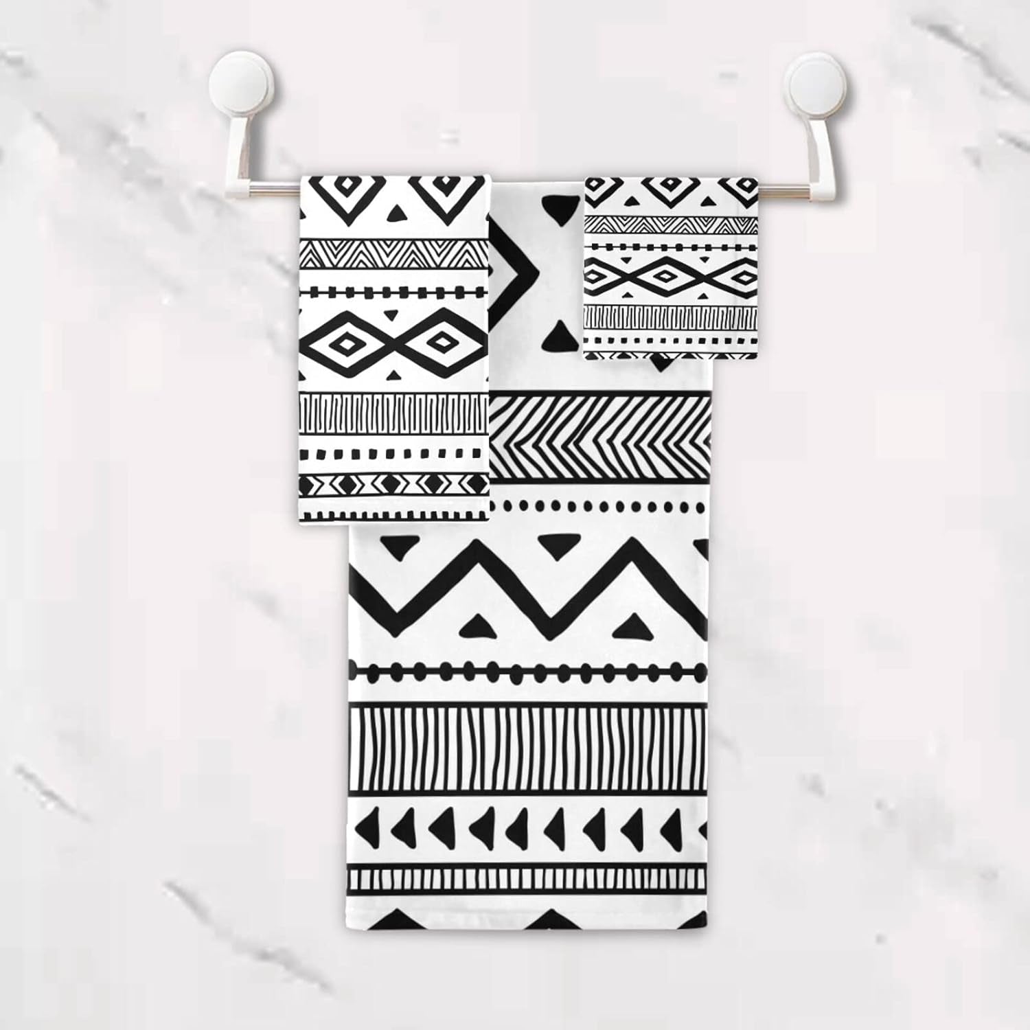 3-Piece Aztec Boho Bath Towel Set | Soft, Highly Absorbent Black & White Tribal Towels for Bathroom, Spa & Hotel