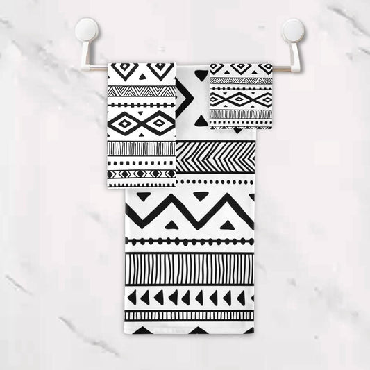 3-Piece Aztec Boho Bath Towel Set | Soft, Highly Absorbent Black & White Tribal Towels for Bathroom, Spa & Hotel