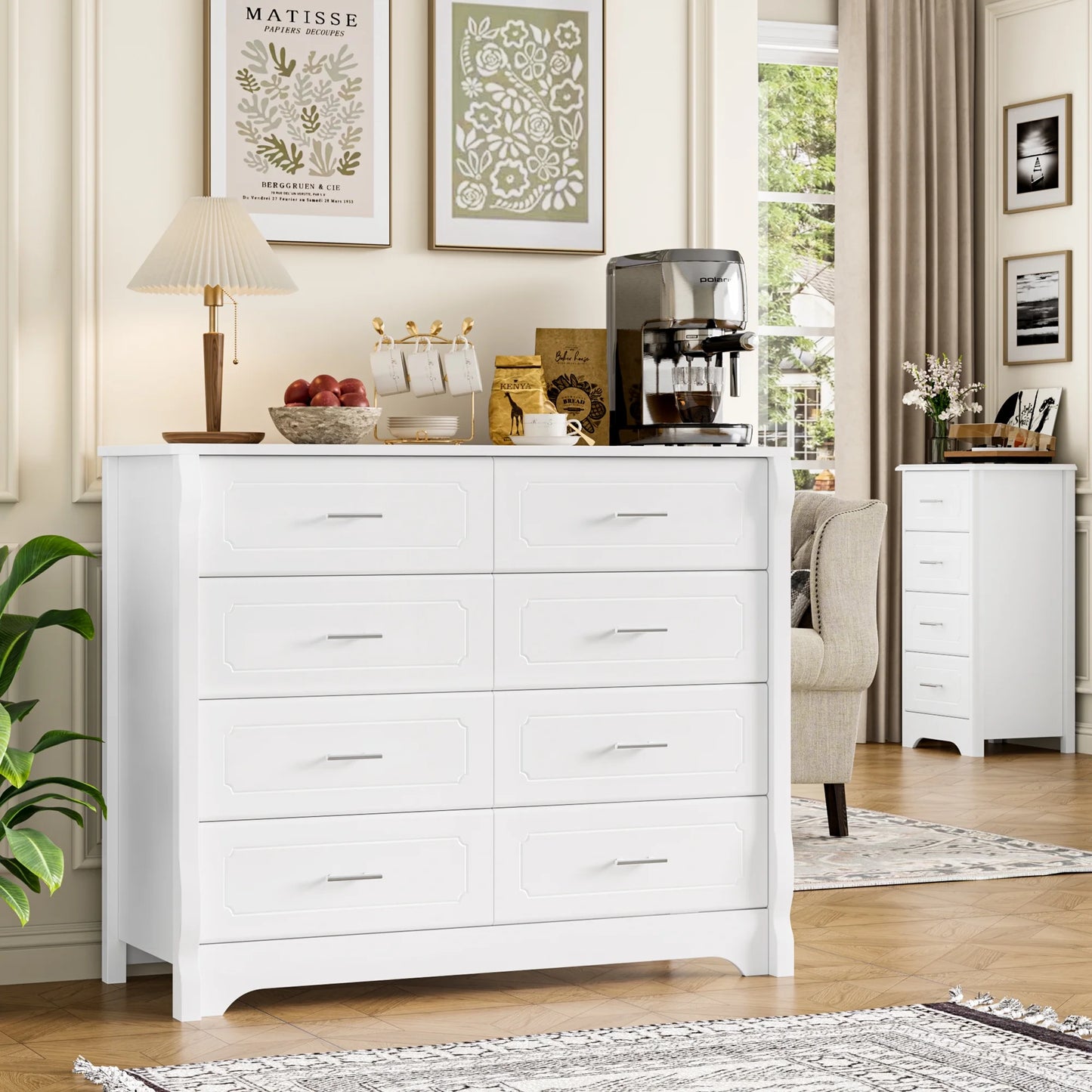 8 Drawer Double Dresser, White Horizontal Dresser Chest for Bedroom