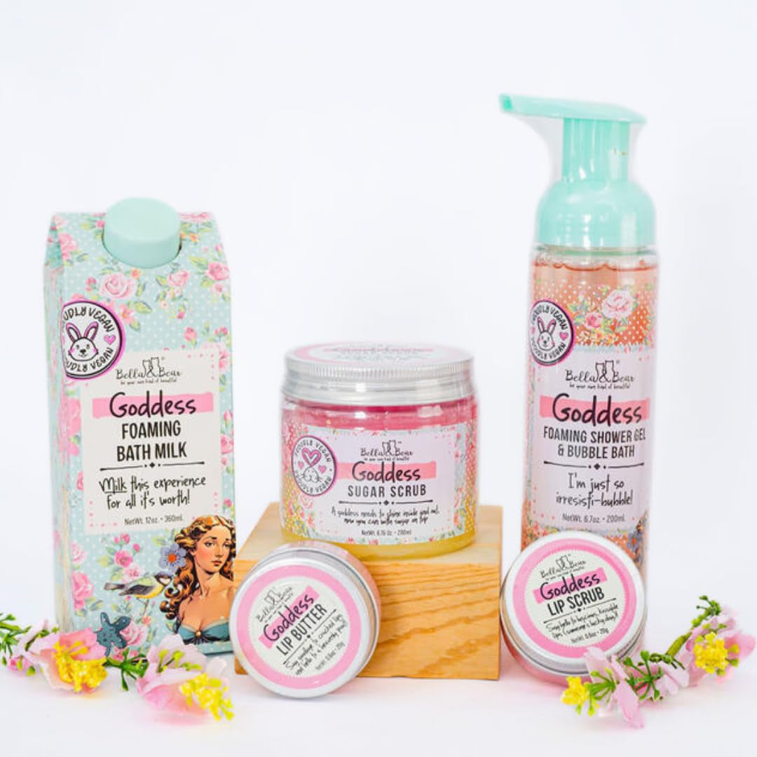 Goddess Mega Bath & Body Gift Set with Foaming Shower Gel & Bubble Bath, Bath Milk, Body Scrub & Lip Scrub and Lip Butter - Gift for Women