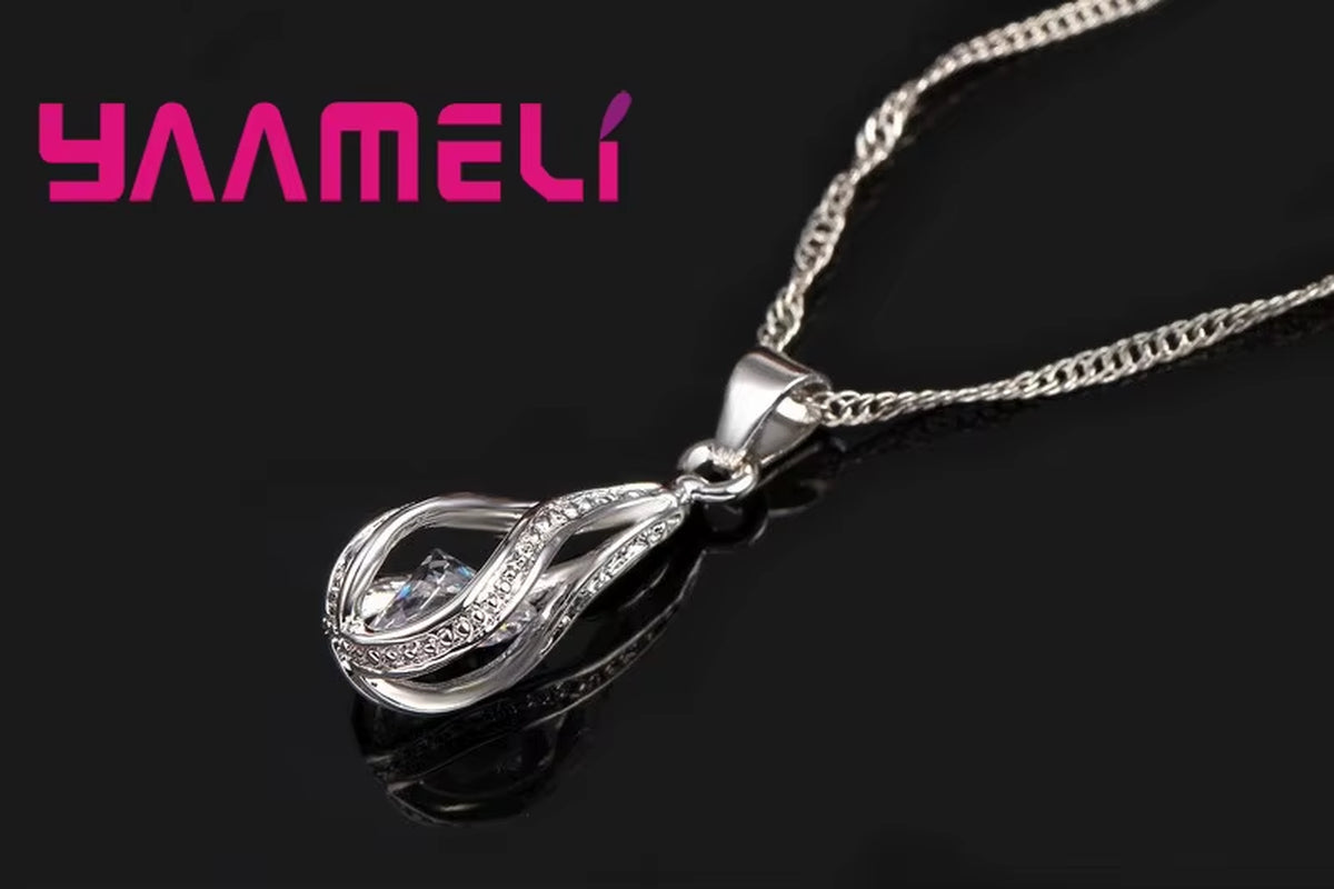 Hot Water Drop CZ 925 Sterling Silver Plated Jewelry Set for Women Pendant Necklace Hoop Earrings Wedding Party Ceremoey Anel