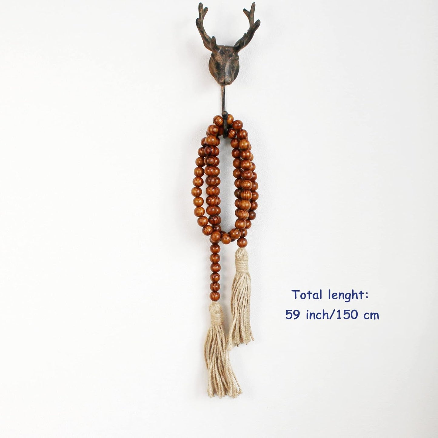 Wood Grain Beads Garland with Tassels | Dark Tan Farmhouse Rustic Prayer Bead Wall Hanging, Home & Festival Décor