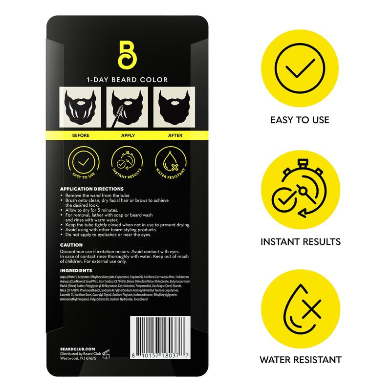 Beard Club One-Day Beard & Eyebrow Color - Available in Four Colors and Four Sizes - Temporary Color for Beard and Eyebrows, Covers Greys, Fills in Patches, and Enhances Volume - 30 Applications per Tube