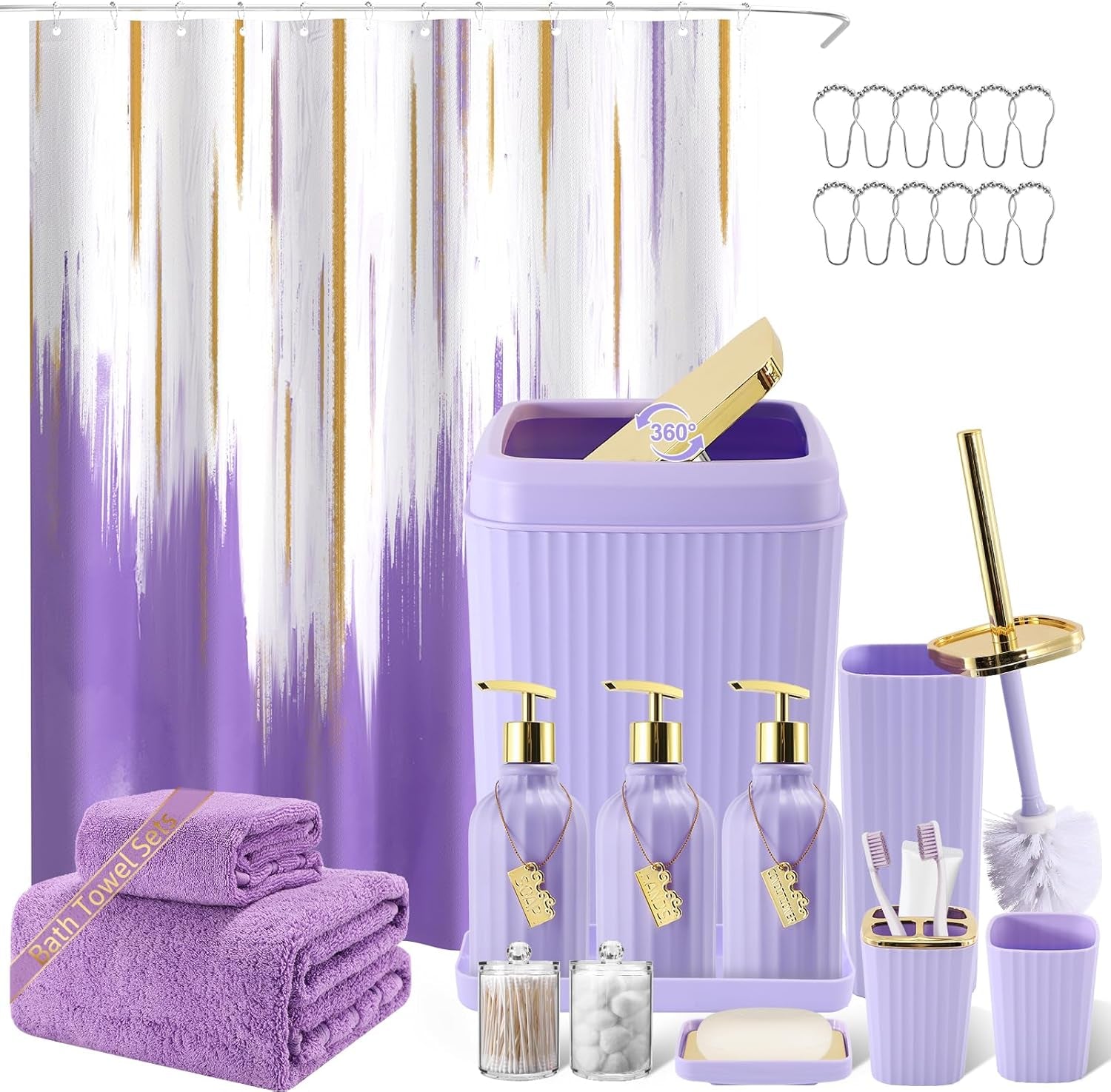 17-Piece Bathroom Accessory Set – Toilet Brush, Trash Can, Qtip Holder & 3 Soap Dispensers