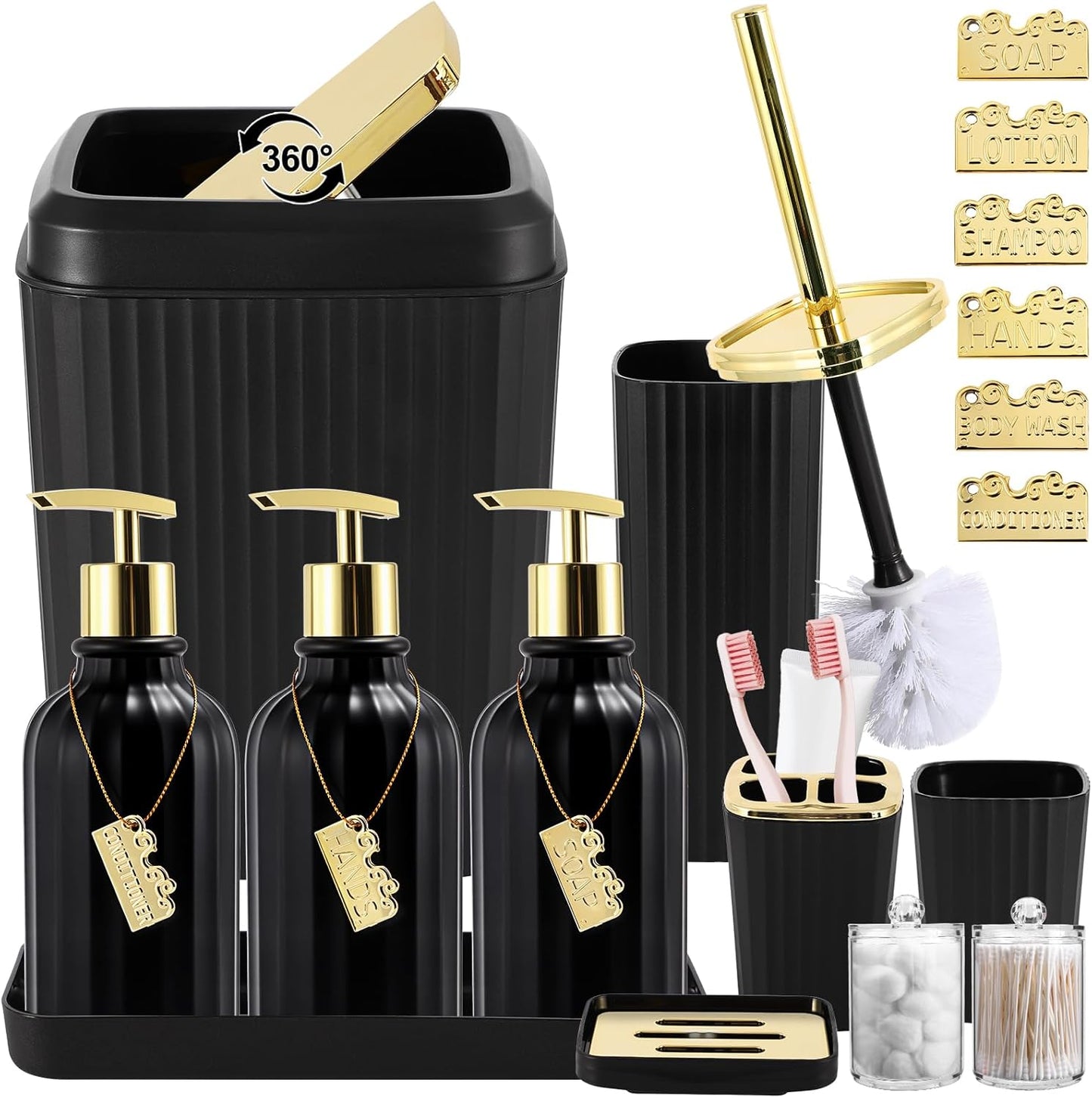 17-Piece Bathroom Accessory Set – Toilet Brush, Trash Can, Qtip Holder & 3 Soap Dispensers