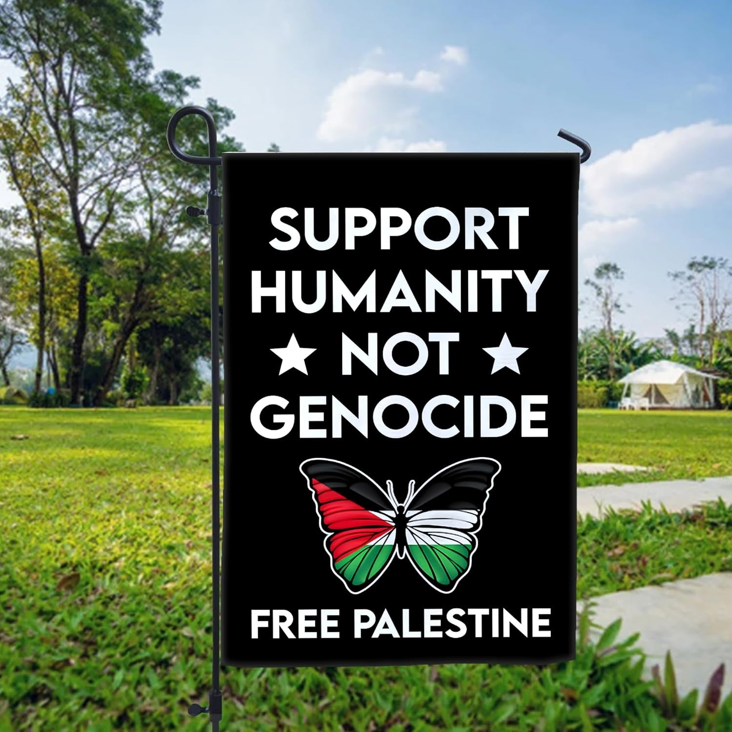 Support Humanity Not Genocide Garden Flag | Free Palestine Butterfly Yard Banner 12x18, Double-Sided Outdoor Décor