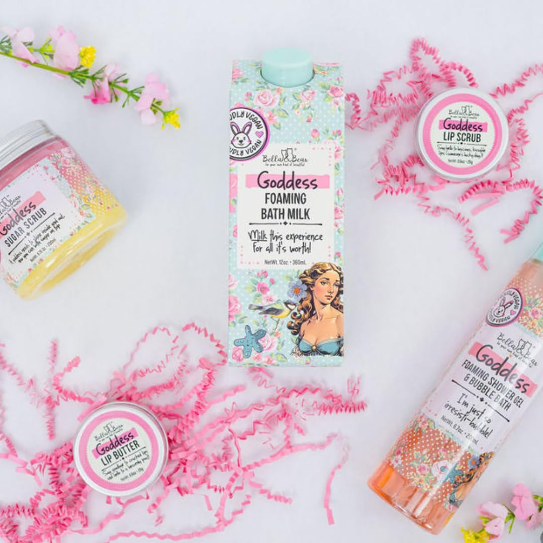 Goddess Mega Bath & Body Gift Set with Foaming Shower Gel & Bubble Bath, Bath Milk, Body Scrub & Lip Scrub and Lip Butter - Gift for Women