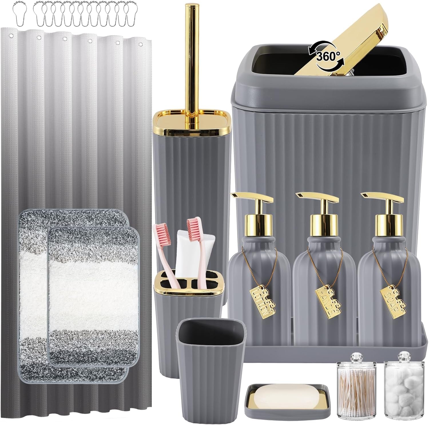 17-Piece Bathroom Accessory Set – Toilet Brush, Trash Can, Qtip Holder & 3 Soap Dispensers