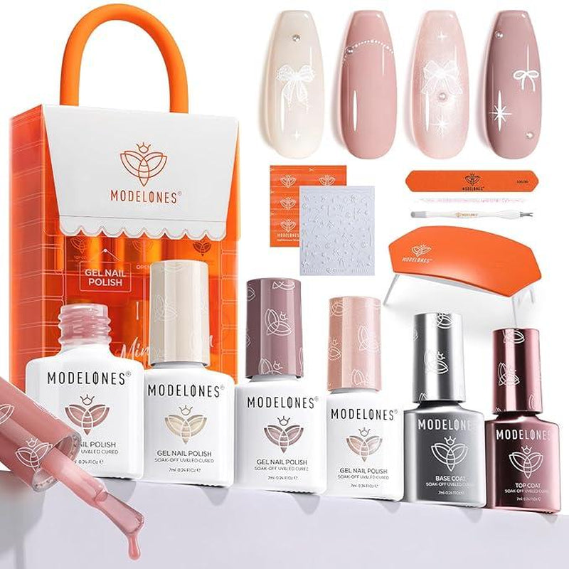 [New Product Sale]Modelones 14Pcs 4 Colors Gel Nail Polish Kit with UV Light, Base&Top Coat and Stickers, Mini Salon at Home, Cat Eye Gel Nail Polish, Jelly Light Pink Manicure Set, Fall Nails, DIY Nail at Home, Budget Friendly Gift