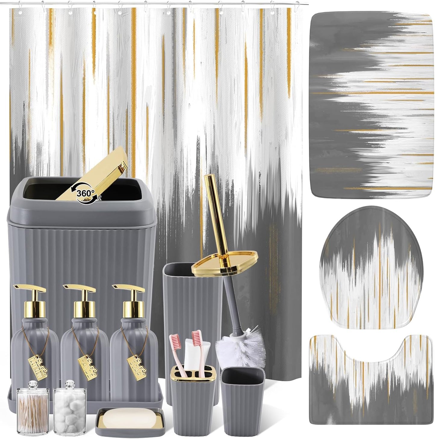 17-Piece Bathroom Accessory Set – Toilet Brush, Trash Can, Qtip Holder & 3 Soap Dispensers