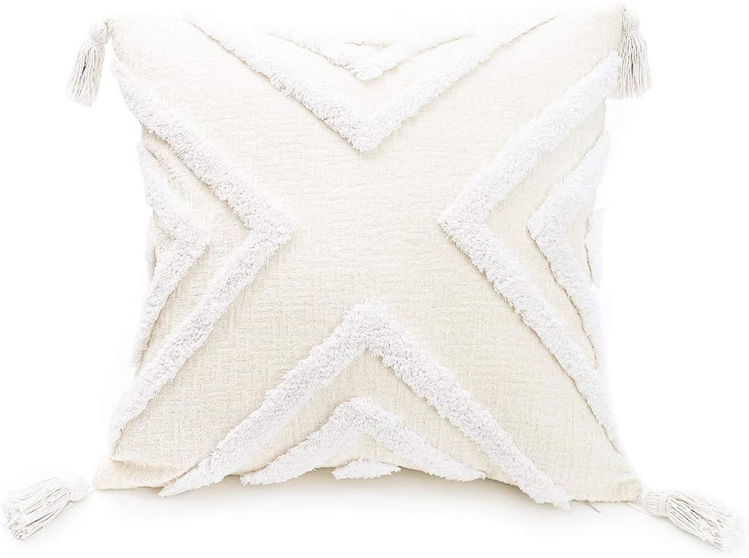 Boho Grey Lumbar Throw Pillow Cover 12X20 Inch with Tassels, Gray Geometric Tufted Cream Chenille Fabric Small Accent Textured Cushion Case for Bed Couch, 1 PC Cover Only No Insert