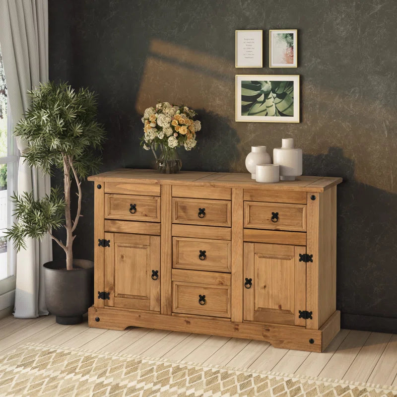 Odelie Solid Wood Farmhouse Buffet Cabinet Sideboard 2 Doors 5 Drawers