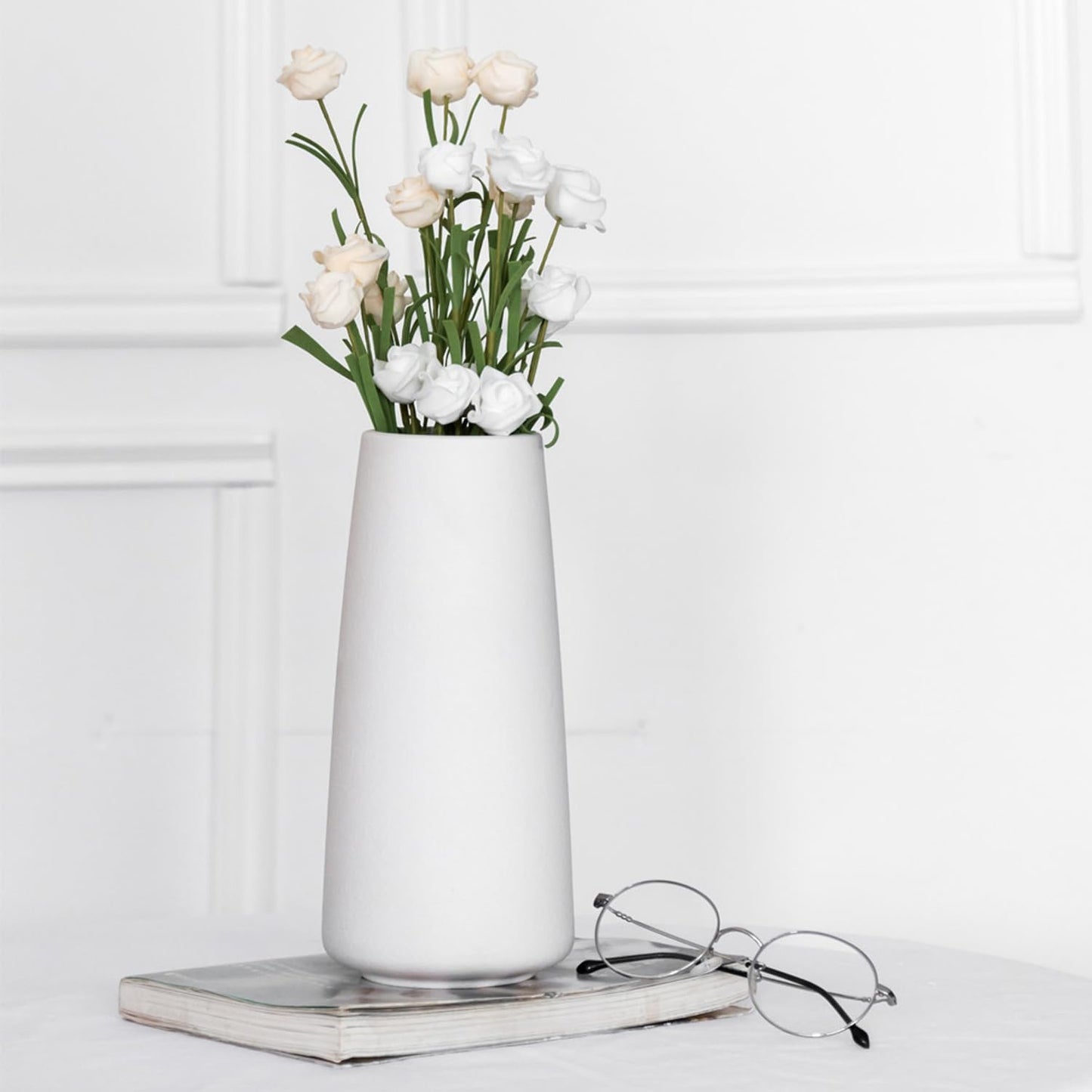 Bright White Vase - 6“ White Ceramic Flower Vase, Boho Vases for Pampas Grass, Minimalist Modern Vases for Home Decor, Table Shelf Living Room Farmhouse Decor