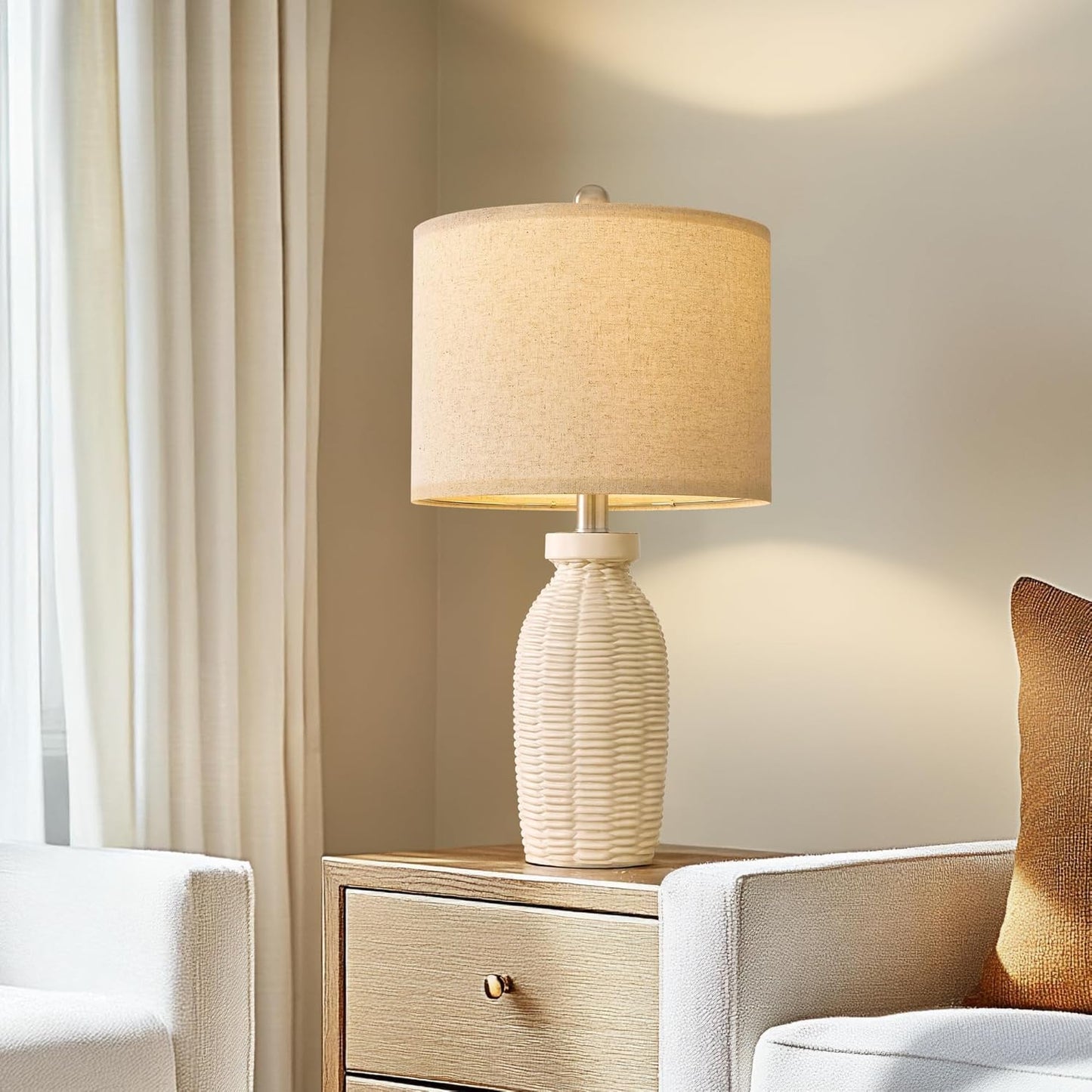 23" Table Lamp Set of 2 | Boho Farmhouse Rustic Vintage Bedside & Desk Lamps, Beige