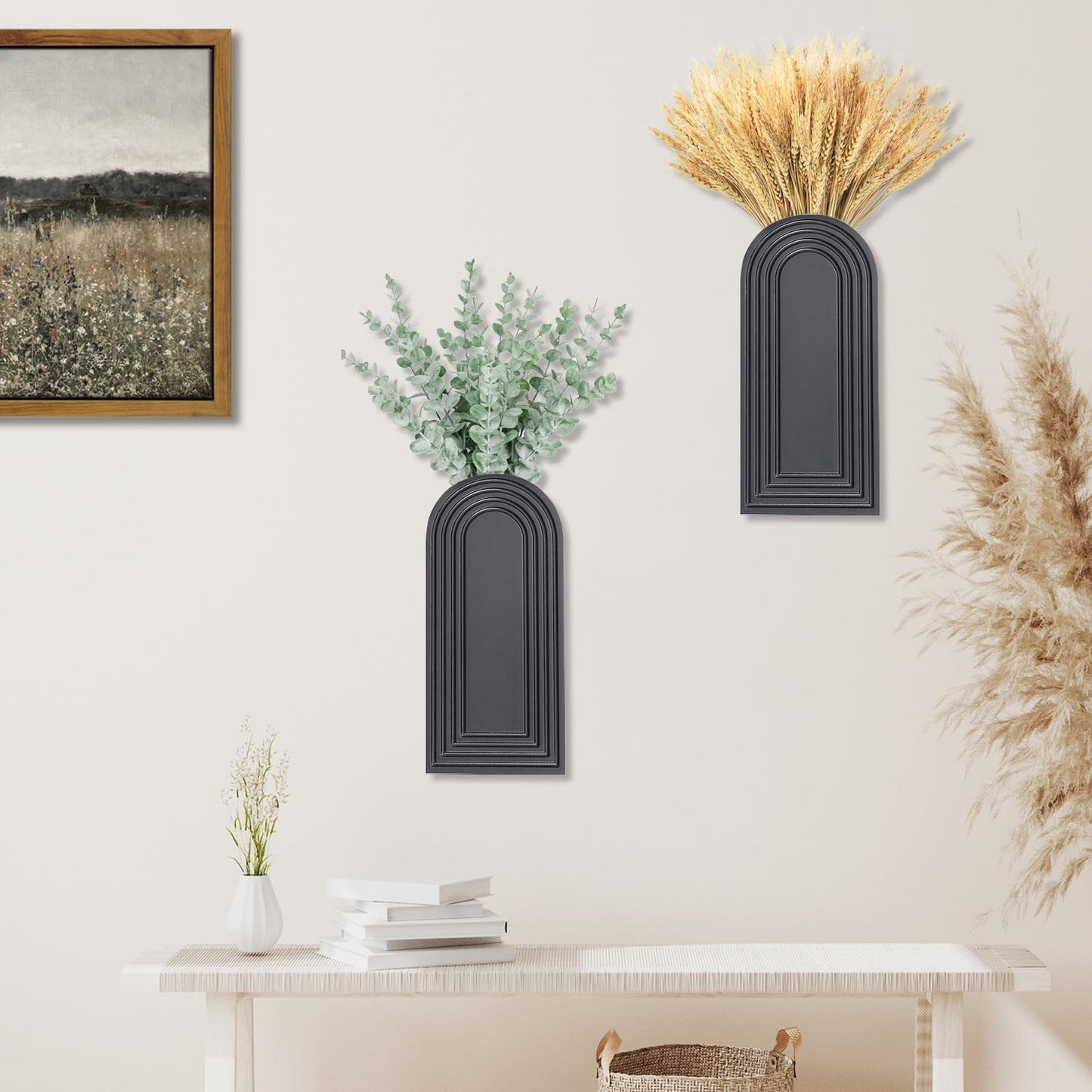 2-Pack Wooden Wall Vase Set | Black Modern Farmhouse & Boho Wall Decor for Entryway, Hallway & Living Spaces