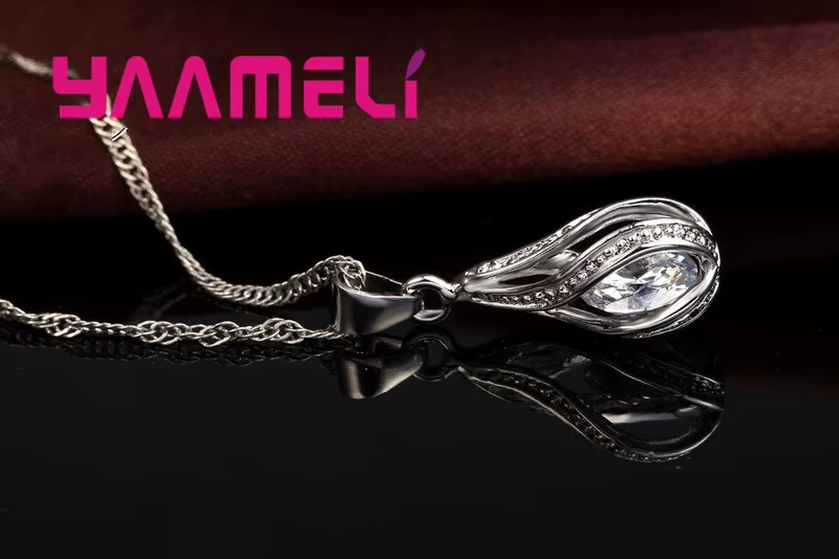 Hot Water Drop CZ 925 Sterling Silver Plated Jewelry Set for Women Pendant Necklace Hoop Earrings Wedding Party Ceremoey Anel