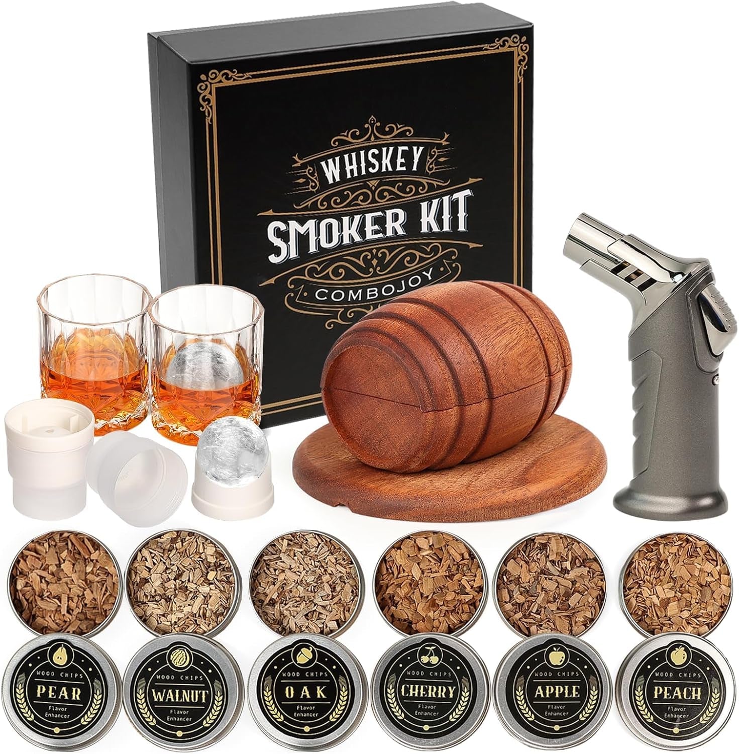 Whiskey Smoker Kit with Torch | Cocktail Smoker Infuser Set with 6 Wood Chip Flavors, Glasses & Ice Molds, Gift for Men & Dad