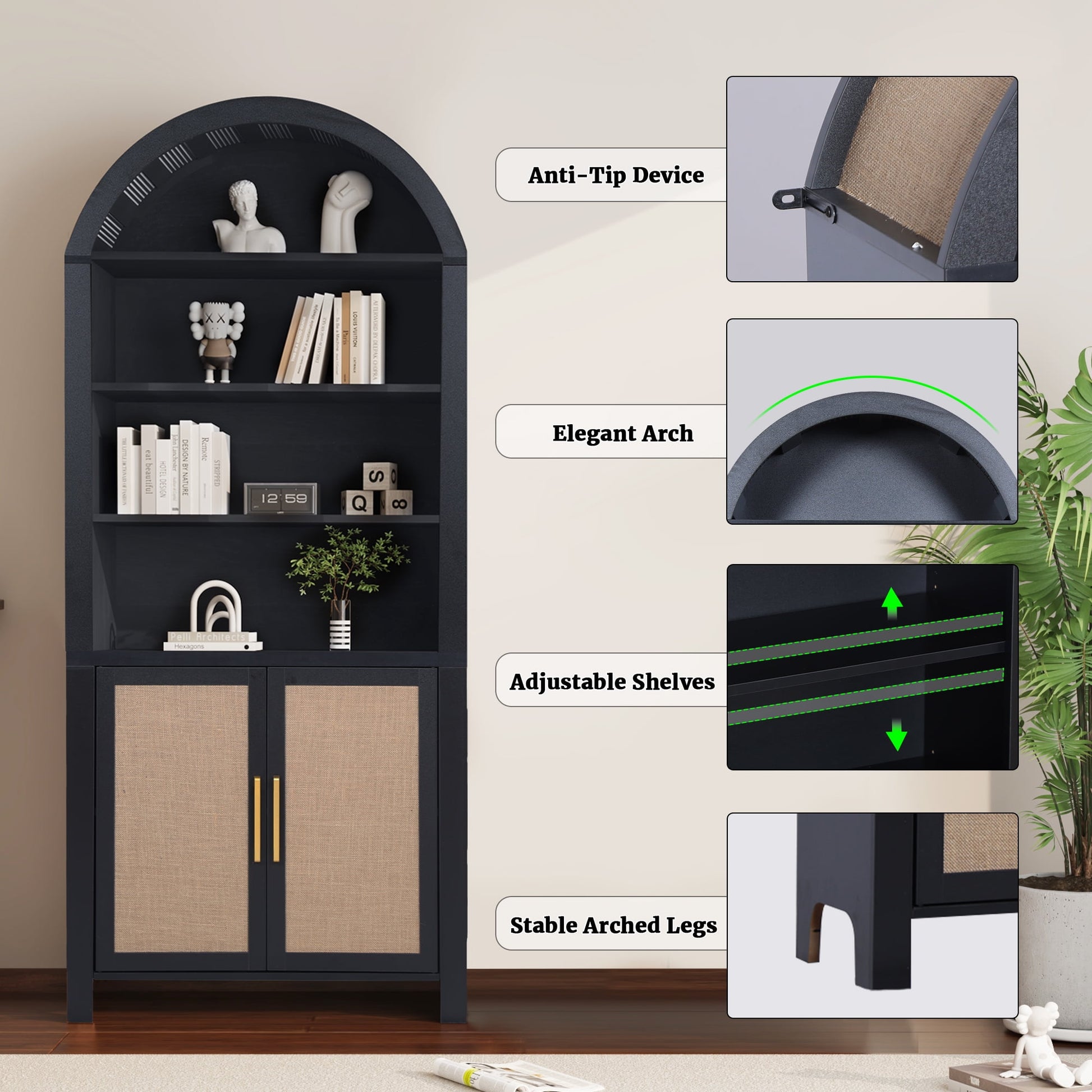 71" Tall Arched Bookshelf with Doors | Mid-Century Modern 6-Tier Rattan Storage Shelf, Black