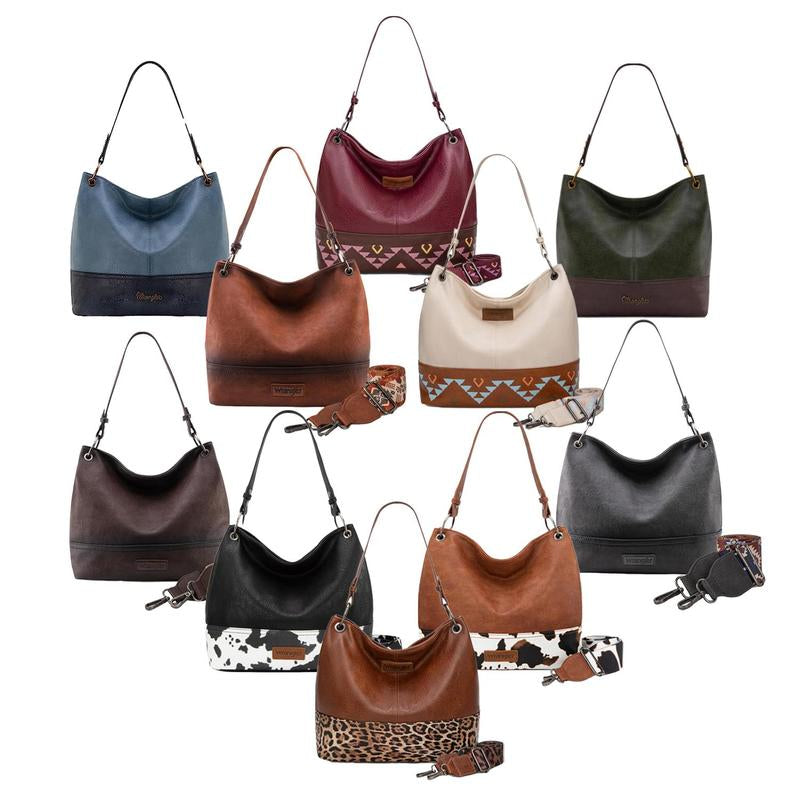 Wrangler Cow Print Hobo Bag Vegan Leather for Woman with Wide Guitar Strap